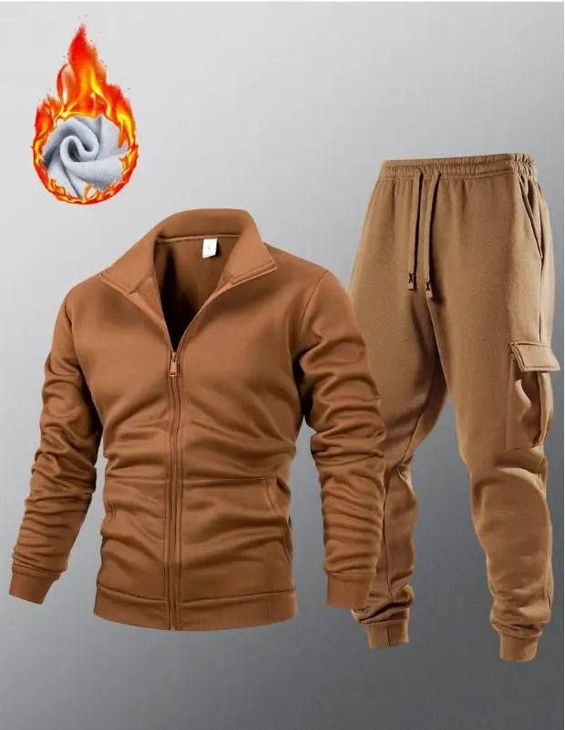 2 Pcs Men Fleece Plain Zipper Track Suit