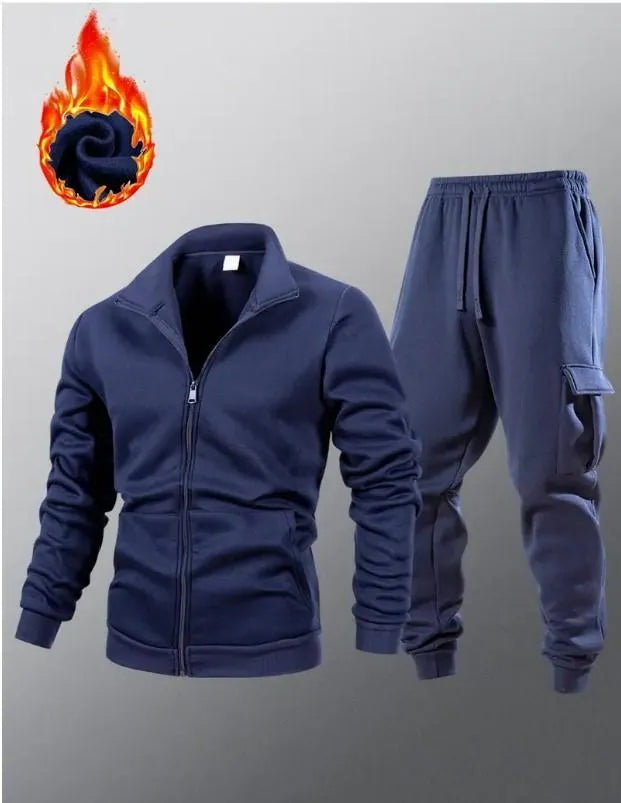2 Pcs Men Fleece Plain Zipper Track Suit